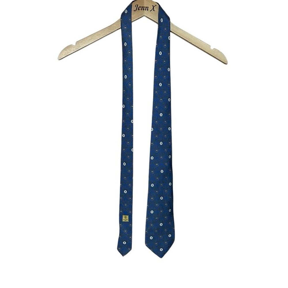 CHANEL Mens Navy Blue Silk Designer Neck Tie Adjustable Star Pattern Logo - Picture 9 of 13